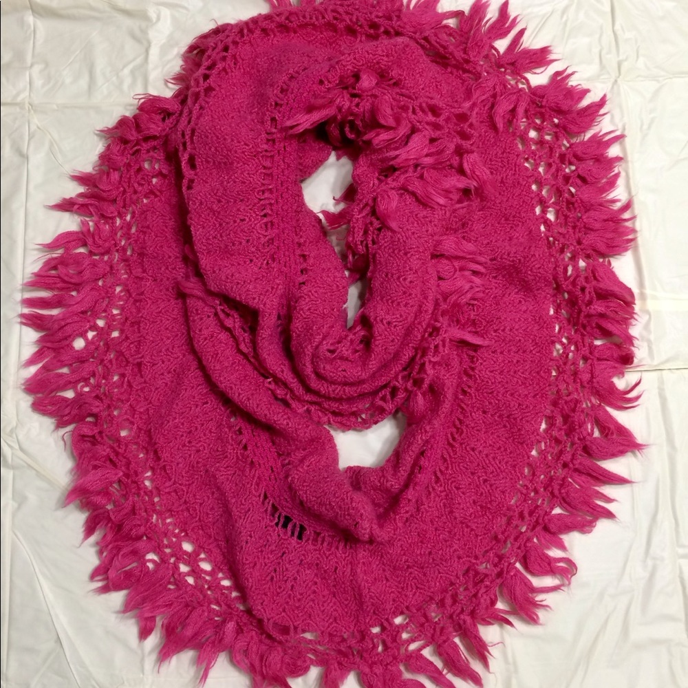 Women’s fringe crochet infinite scarf hot pink